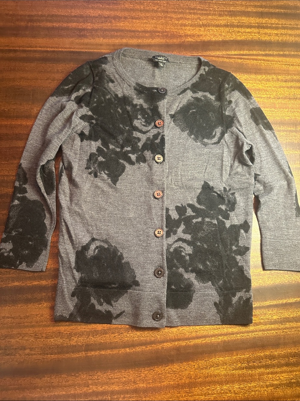 Talbots Gray Cardigan with Black Floral Print - Picture 1 of 8